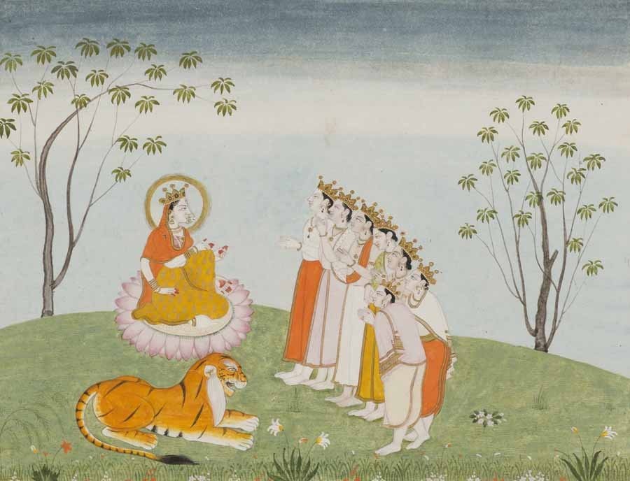 Himachal Pradesh, The Gods Appeal to the Great Devi for Help (detail), Folio from a Devi Mahatmya series with Sanskrit text in Devanagari script on reverse, India, Kangra, early 19th century. Color and gold on paper. Lent by Narendra and Rita Parson.