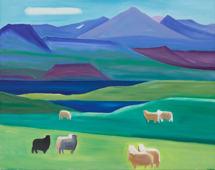Louisa Matthíasdóttir, Mountain and Sheep, 1989, oil on canvas, 52 x 66 inches